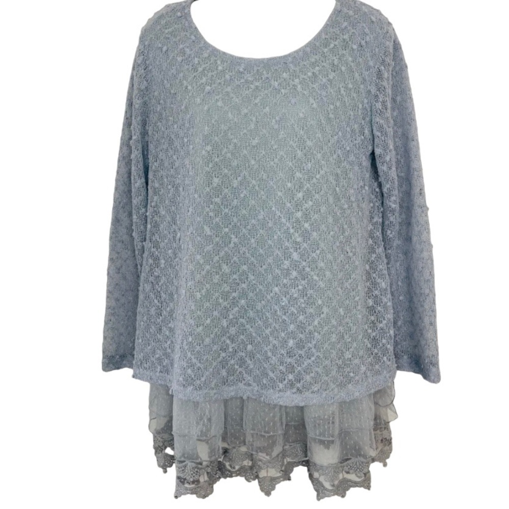 Indigo Soul Tunic BOHO Lined Sweater Ruffled Lace Hem Pale Slate Blue Size M